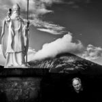 Pilgrims circulates around the St. Patrick's statue with Croagh Patrick in the background