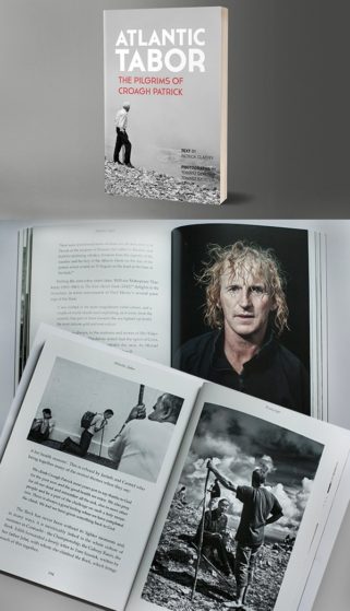 Atlantic Tabor, The Pilgrims of Croagh Patrick photobook, cover and 2 spreads with photos of pilgrims