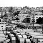General view of the town and the trucks' parking area near the port. Tangier, Morocco