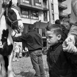 Boy walks at Smithfield horse fair with horse at the background